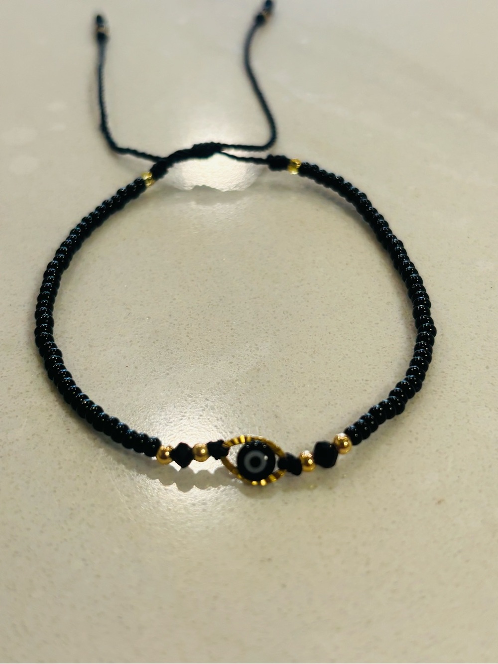 NWT Handmade Black Evil Eye Protection Bracelet Gold Accents Delicate